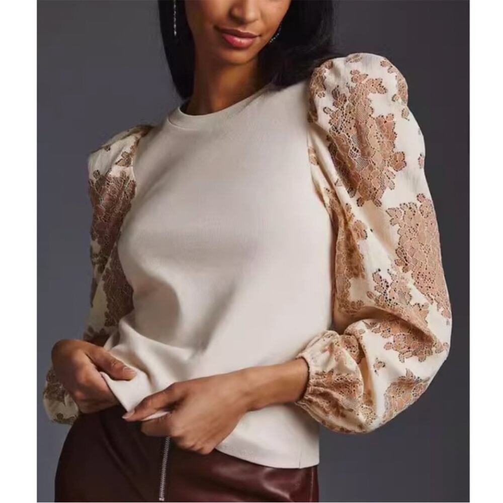 Anthropologie Dolan Lace Puff-Sleeve Top Sz S tan - Picture 2 of 9